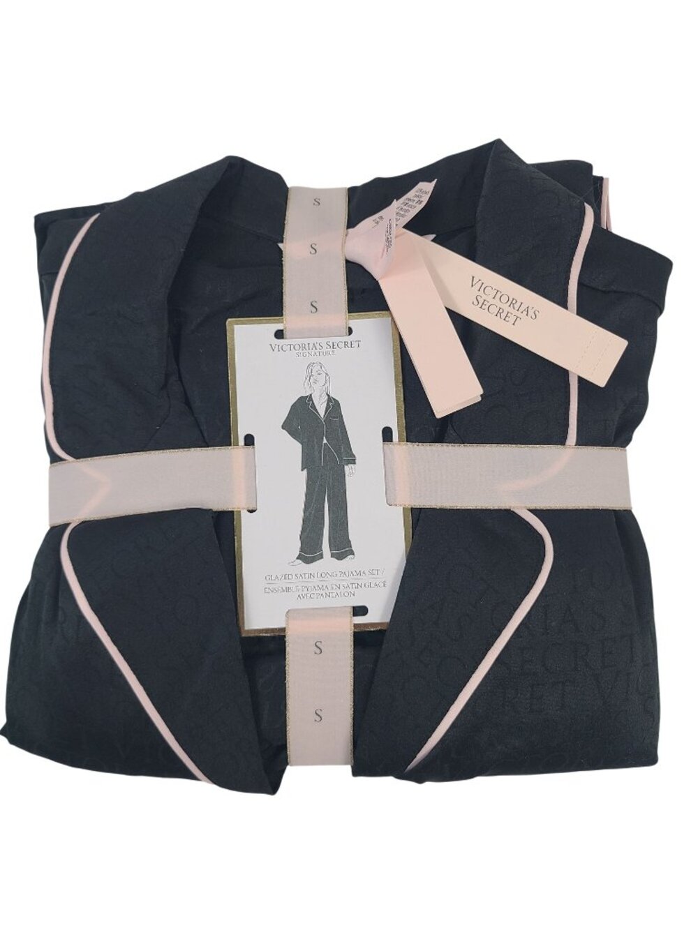 NEW Victorias Secret Glazed Satin Long Pajama Set Black & Pink Trim Size S